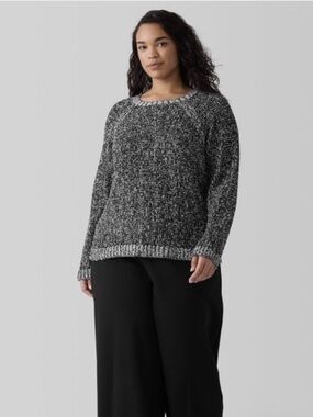 Eileen Fisher Black White Peruvian Organic Cotton Boucle Crew Neck Sweater - 1X